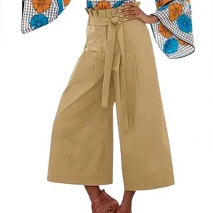 Ashro Wide Leg Khaki Cropped Gaucho Paper Bag Waist Pants 100% Cotton Size 10